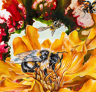 marigold and bees ink painting